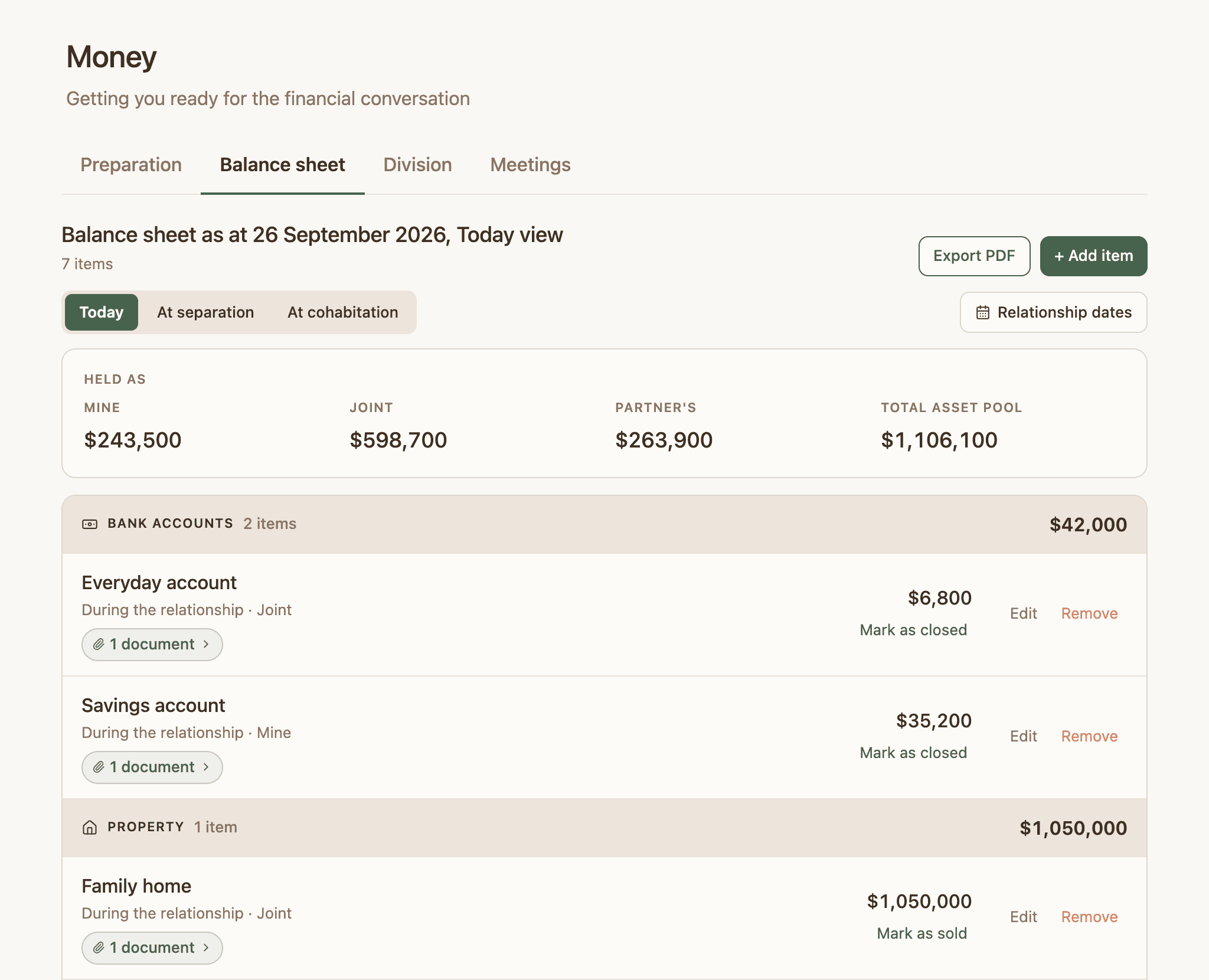 The Money balance sheet in PartWise on a computer: dated as at today with its three views, what is held as Mine, Joint and Partner's adding up to a total asset pool of $1,106,100, and the items beneath it grouped by class, each with its linked document.