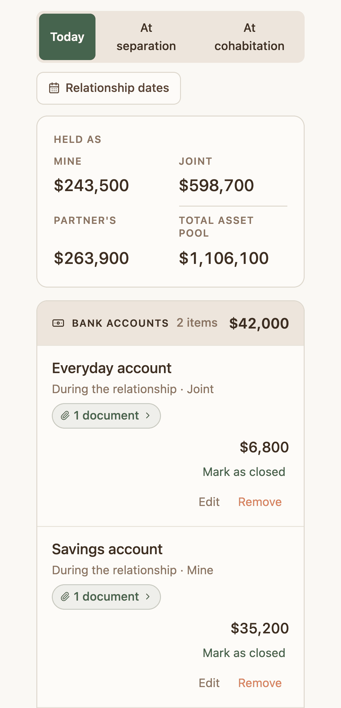 The Money balance sheet in PartWise on a phone: its three views, Today, At separation and At cohabitation, what is held as Mine, Joint and Partner's adding up to a total asset pool of $1,106,100, and the first two items, the everyday and savings accounts, each with its linked document.