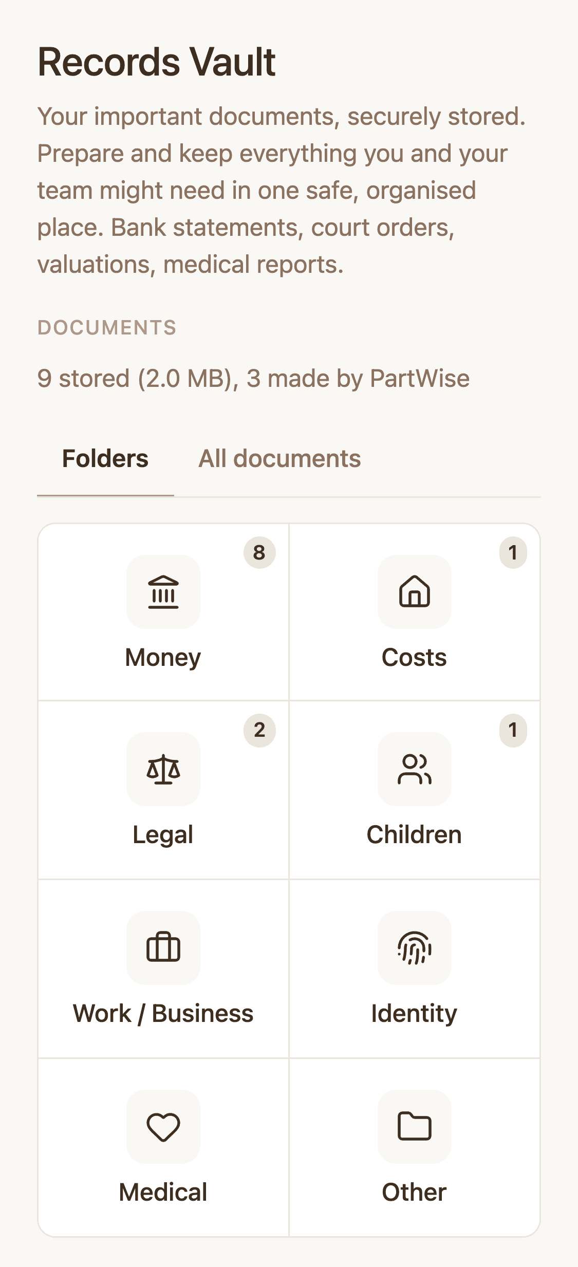 The Records Vault in PartWise on a phone: a client's documents filed into folders, with nine stored and three made by PartWise from their own figures and dates.