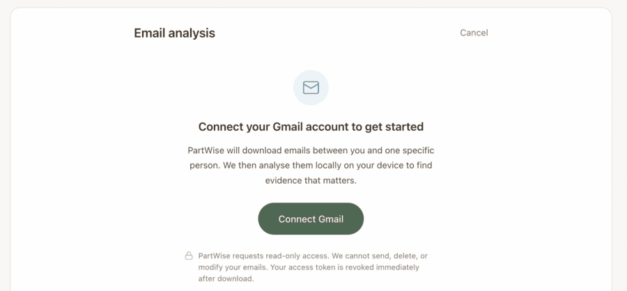 PartWise Gmail connect screen with read-only access and privacy notice